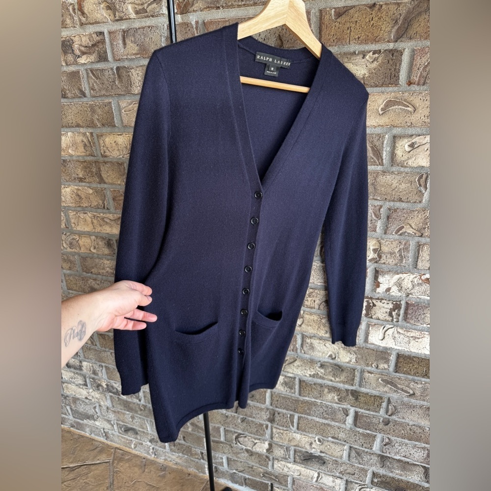Ralph Lauren Womens 100% Cashmere Black Label Button Navy Cardigan Size Medium - Picture 5 of 13